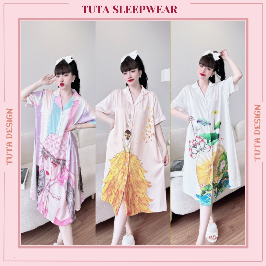 Đầm ngủ sơ mi lụa bigsize dáng dài váy mặc nhà form suông rộng qua gối in in hoạt tiết 3D chất lụa cao cấp.