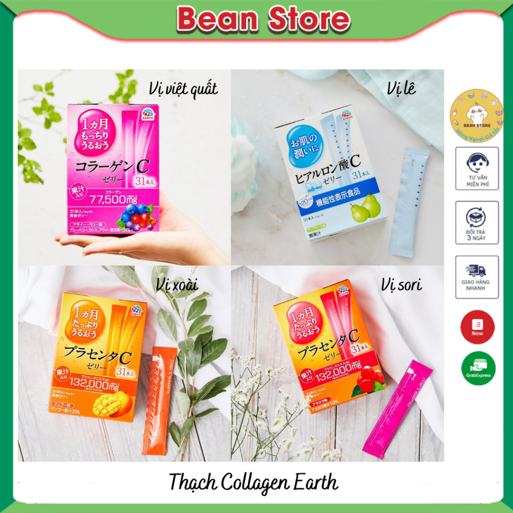 Thạch Collagen Earth Nhật Bản bổ sung Collagen và Placenta Vitamin C Jelly hương vị trái cây giúp làm đẹp da mờ thâm nám