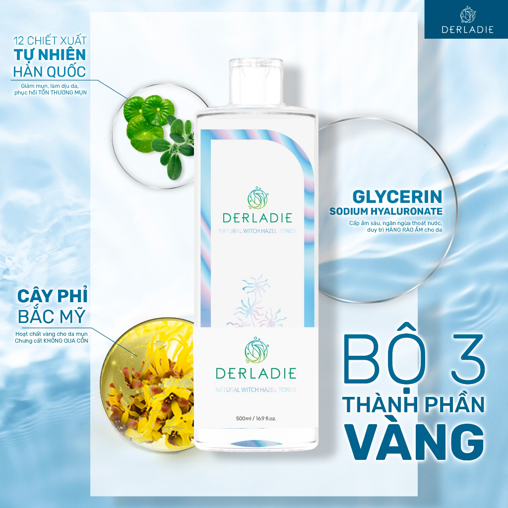 Tẩy Trang Vegan Derladie 50ml, Toner Derladie Natural Witch Hazel 50ml