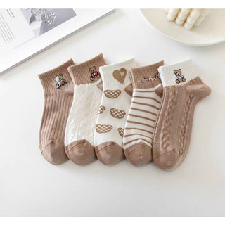 Set 5 đôi Vớ nữ cổ ngắn gam màu nâu xinh xắn họa tiết chú gấu đáng yêu tất hàn quốc bán chạy giá rẻ năng động thể thao