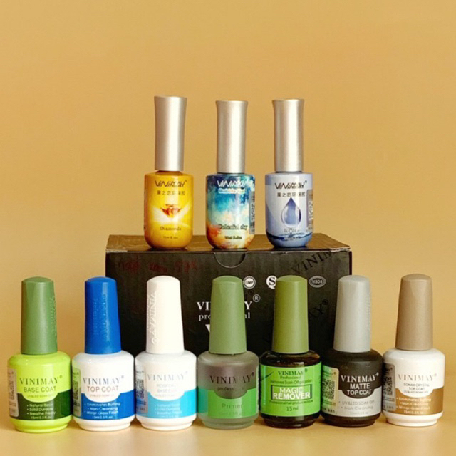 Trọn bộ dung dịch Vinimay: Base Top Cứng móng Nhám Sương Loang kiềm dầu phá gel chính hãng