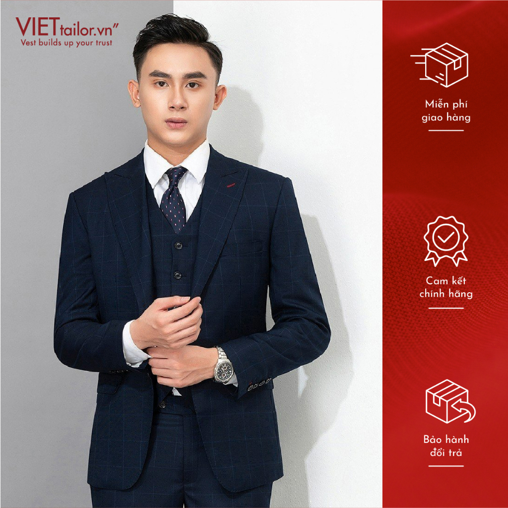 Bộ Suit Xanh Đậm Kẻ Caro Chìm 2 Khuy Cao Cấp QH202