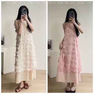 VÁY MAXI CỔ YẾM LÔNG VŨ DÁNG XUÔNG 2 LỚP [TẶNG GƯƠNG SOI]