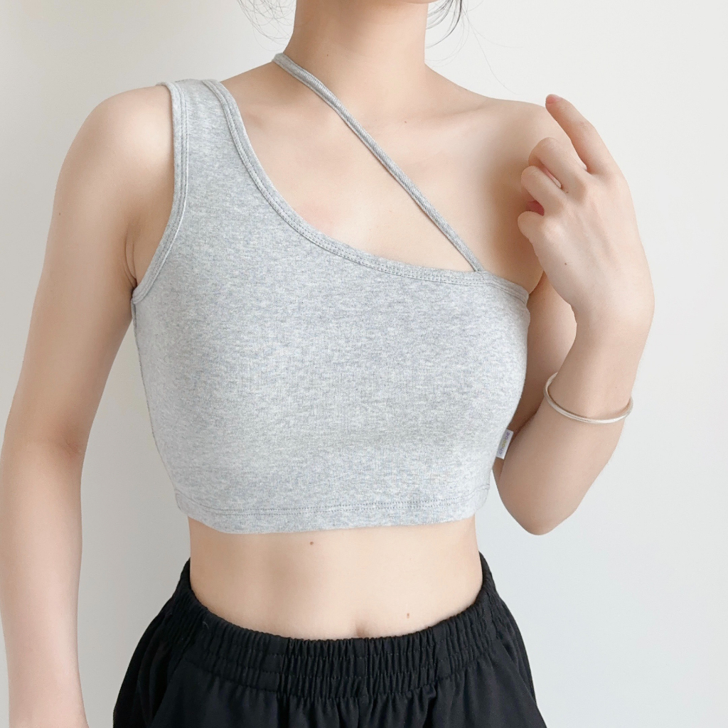 Áo croptop Choobe nữ lệch vai phối dây chéo cá tính dáng ôm body chất vải co giãn tốt A65