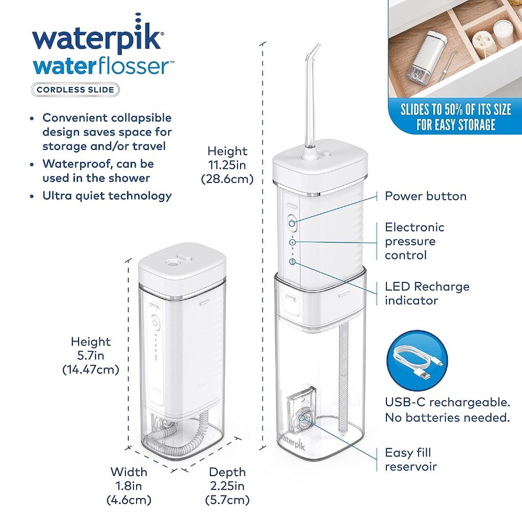 Máy Tăm Nước Cầm Tay Waterpik White Cordless Slide Water Flosser WF-16, BH 12 tháng 1 đổi 1