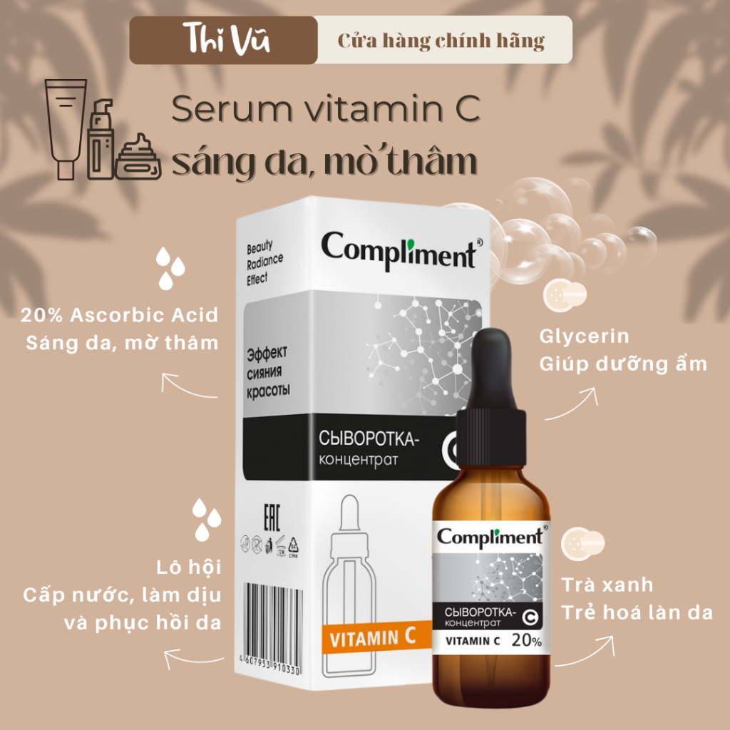 Serum Compliment 20% Vitamin C dưỡng trắng, mờ thâm, căng bóng da 27ml