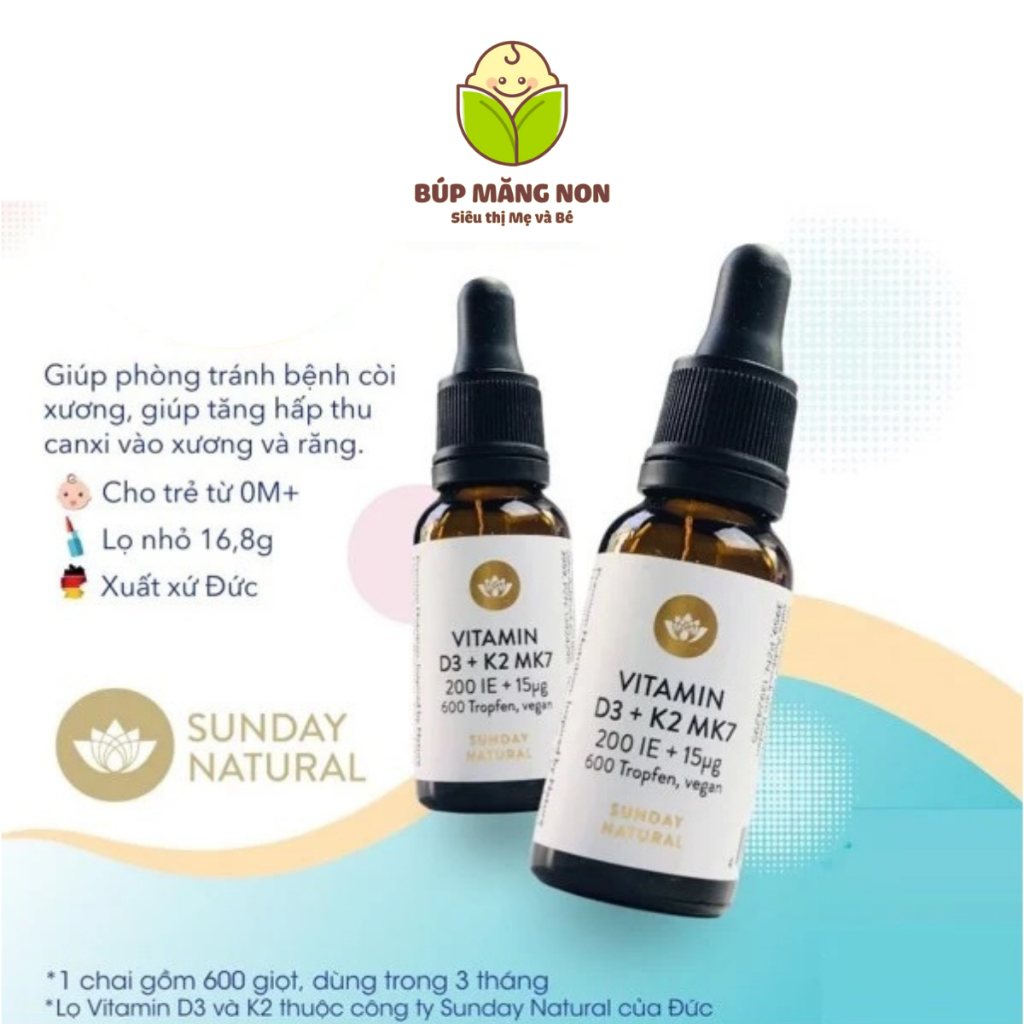 Vitamin D3 K2 MK7 Sunday Natural Đức. Bổ Sung D3K2 Cho Trẻ Từ Sơ Sinh Tăng Hấp Thụ Canxi Chiều Cao