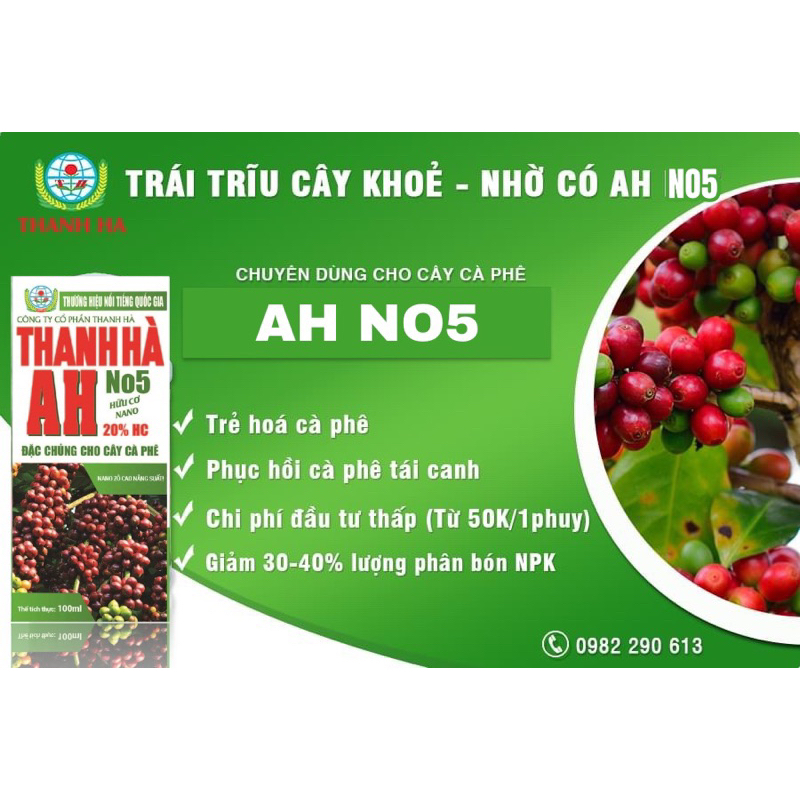 Thanh Hà AH NO5, phân bón lá Hữu Cơ Nano, chuyên dùng cho cà phê, 100ml pha 800L, trẻ hoá cà phê già, phục hồi cà phê