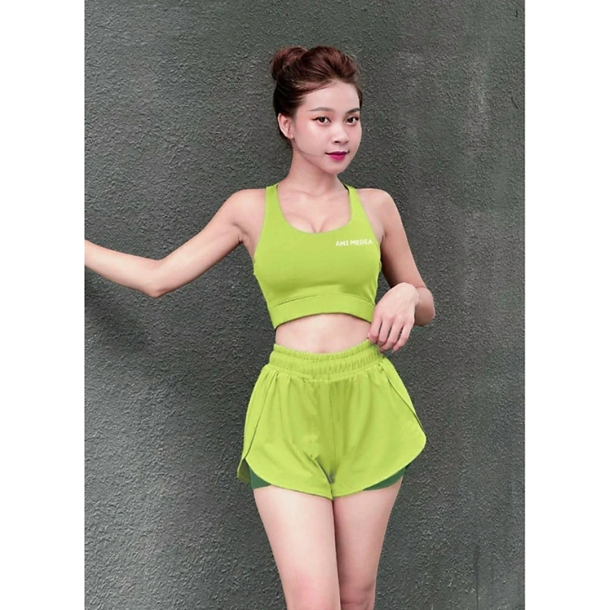 Set Đồ Thể Thao Tập Gym Yoga Nữ - Áo Bra Kèm Mút Quần Đùi 2 Lớp - Vải Co Giãn Thấm Hút - Bộ Bra Siêu Hack Dáng, Độn Mông