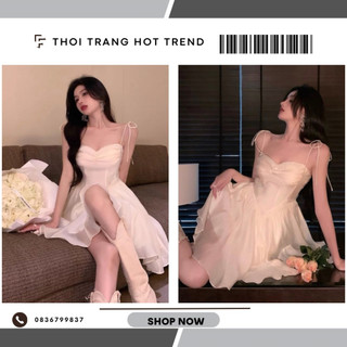 Đầm xòe bồng nơ vai tiểu thư dự tiệc