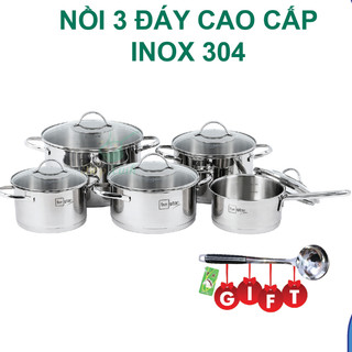 Bộ nồi inox 304 cao cấp FIVESTAR Plus quai oval kiểu Silit 5 món nắp kính , 3 đáy dùng được mọi bếp , tặng 1 vá canh