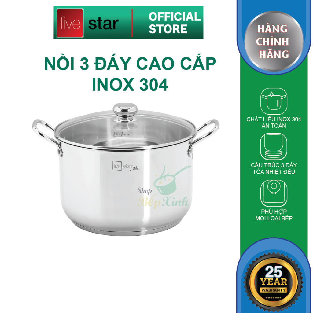 Nồi luộc gà 3 đáy inox 304 cao cấp Fivestar Plus nắp kính size 28cm | 30cm