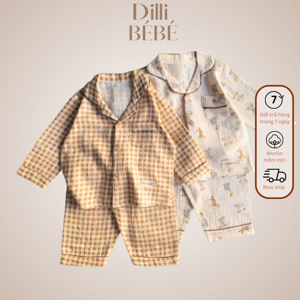 Đồ bộ ngủ áo quần Pijama tay dài quần dài cho bé trai bé gái trẻ em sơ sinh vải Muslin Gấu Mini - Dilli Bebe