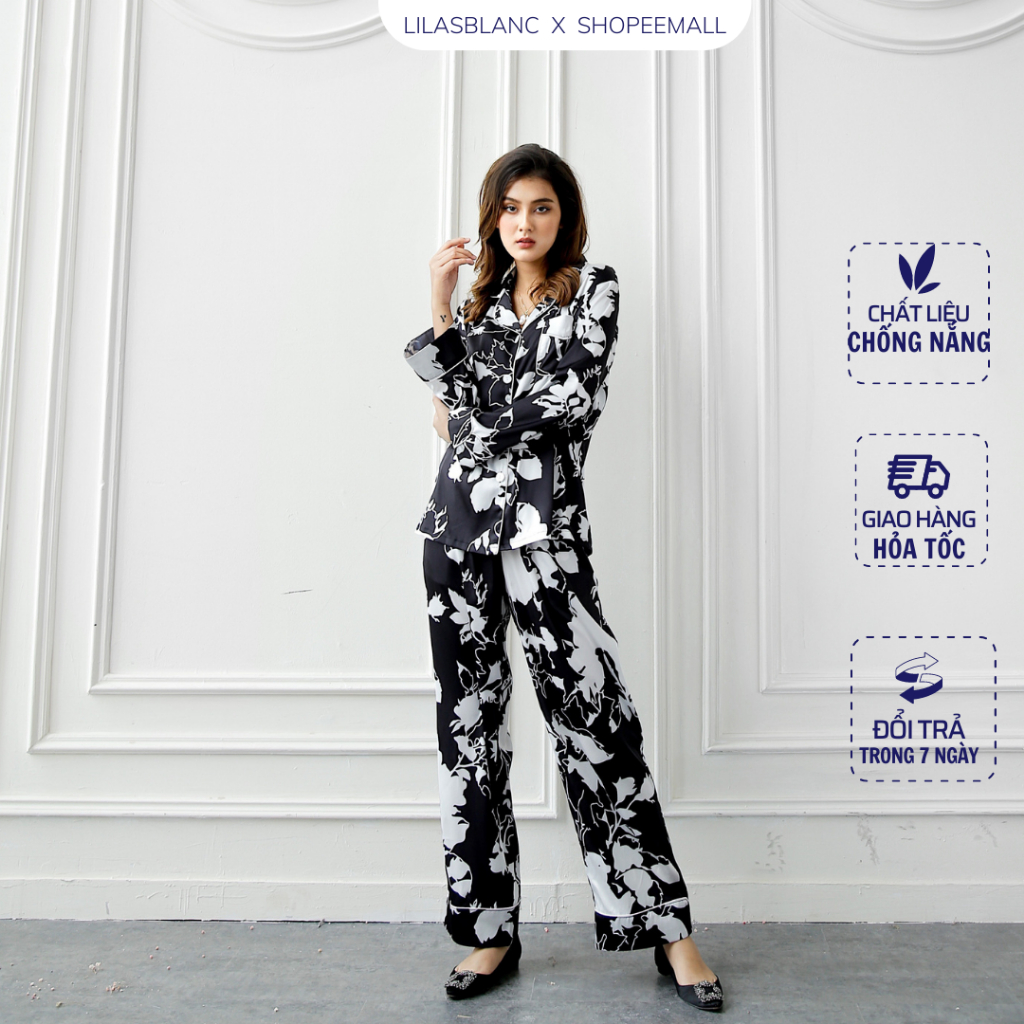 Lilas Blanc Bộ Pijama Lụa Dài Tay Quần Dài Hoa Đen Trắng Phối Viền Lụa Đen