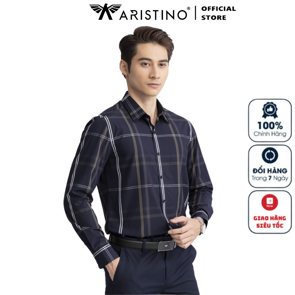 Áo sơ mi nam dài tay ARISTINO ALS01103 công sở cao cấp này xanh tím than kẻ trắng vải sợi sồi dáng ôm tà lượn không túi