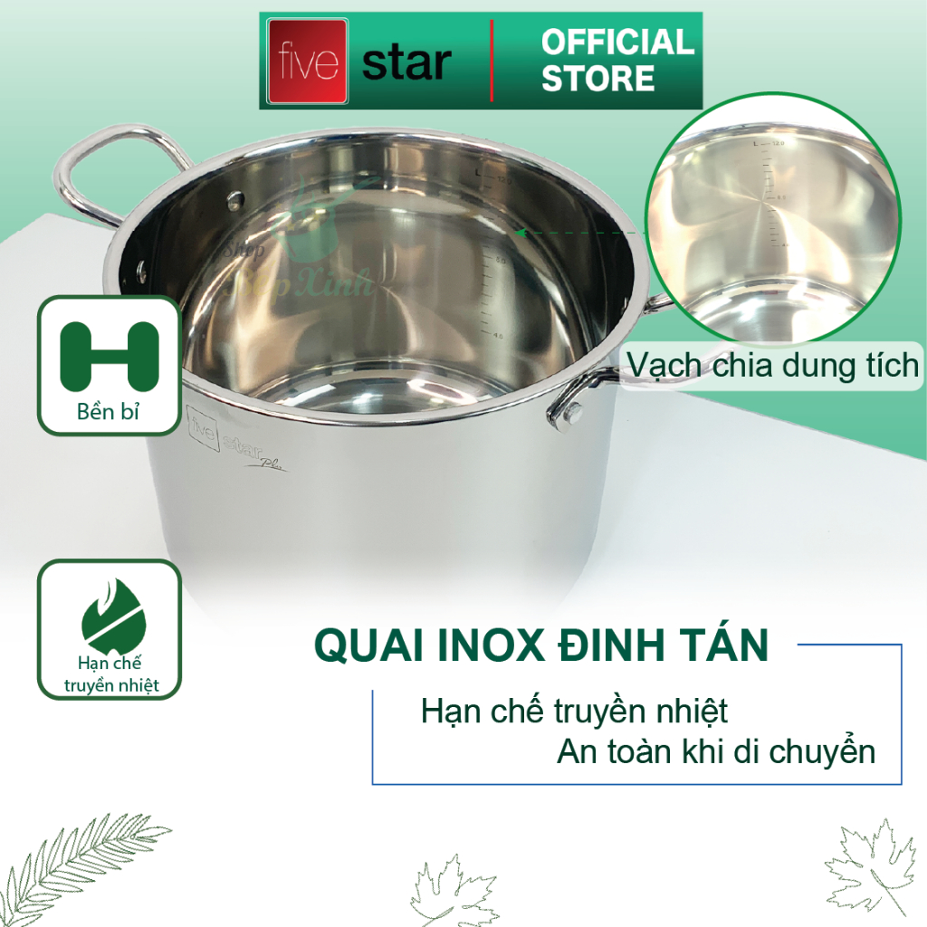 Nồi luộc gà inox 304 cao cấp Fivestar Plush 28cm nắp kính , 3 đáy dùng được mọi bếp ( tặng 1 vá canh inox )