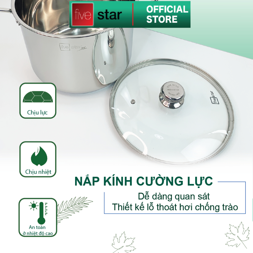 Nồi luộc gà inox 304 cao cấp Fivestar Plush 28cm nắp kính , 3 đáy dùng được mọi bếp ( tặng 1 vá canh inox )