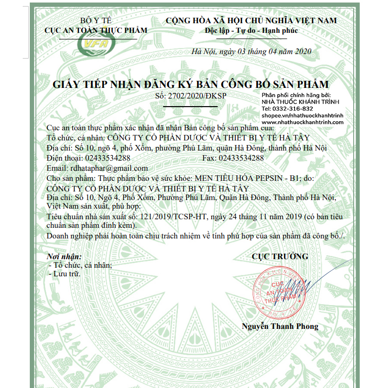 Men tiêu hóa Pepsin B1 Dược Hà Tây - 80 viên