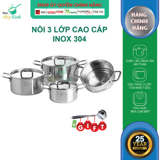 Bộ nồi inox bếp từ cao cấp Fivestar Plus 3 lớp đáy liền khối inox 304 nắp inox 4 món , dùng được mọi bếp
