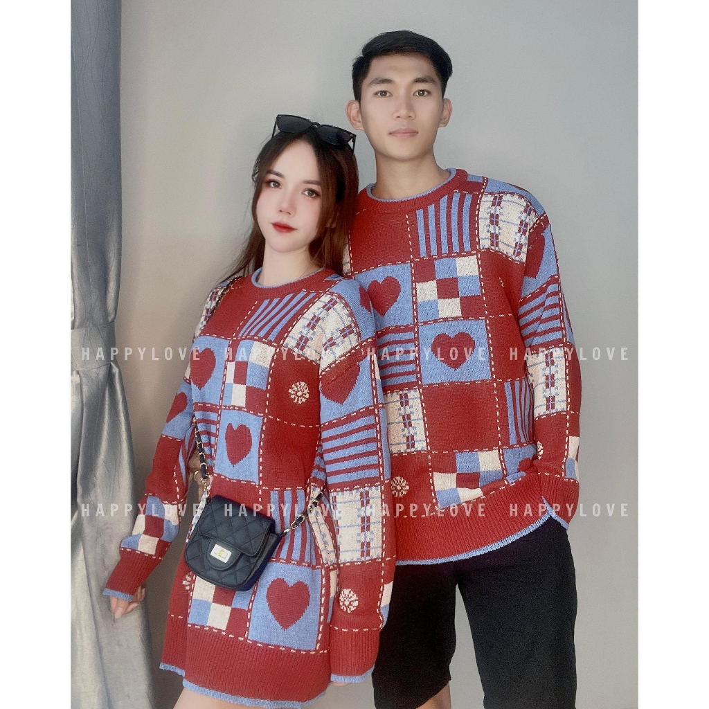 Áo len cặp nam nữ đồ đôi mùa đông màu đỏ đô HAPPYLOVE đi chơi du lịch hàng Quảng Châu M049
