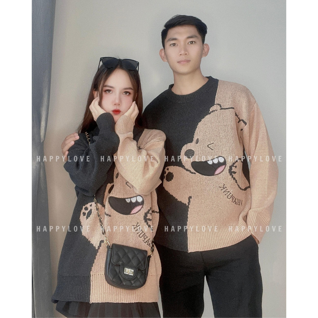 Áo len đôi nam nữ hàn quốc đi Đà Lạt couple HAPPYLOVE hình chú gấu dễ thương M045