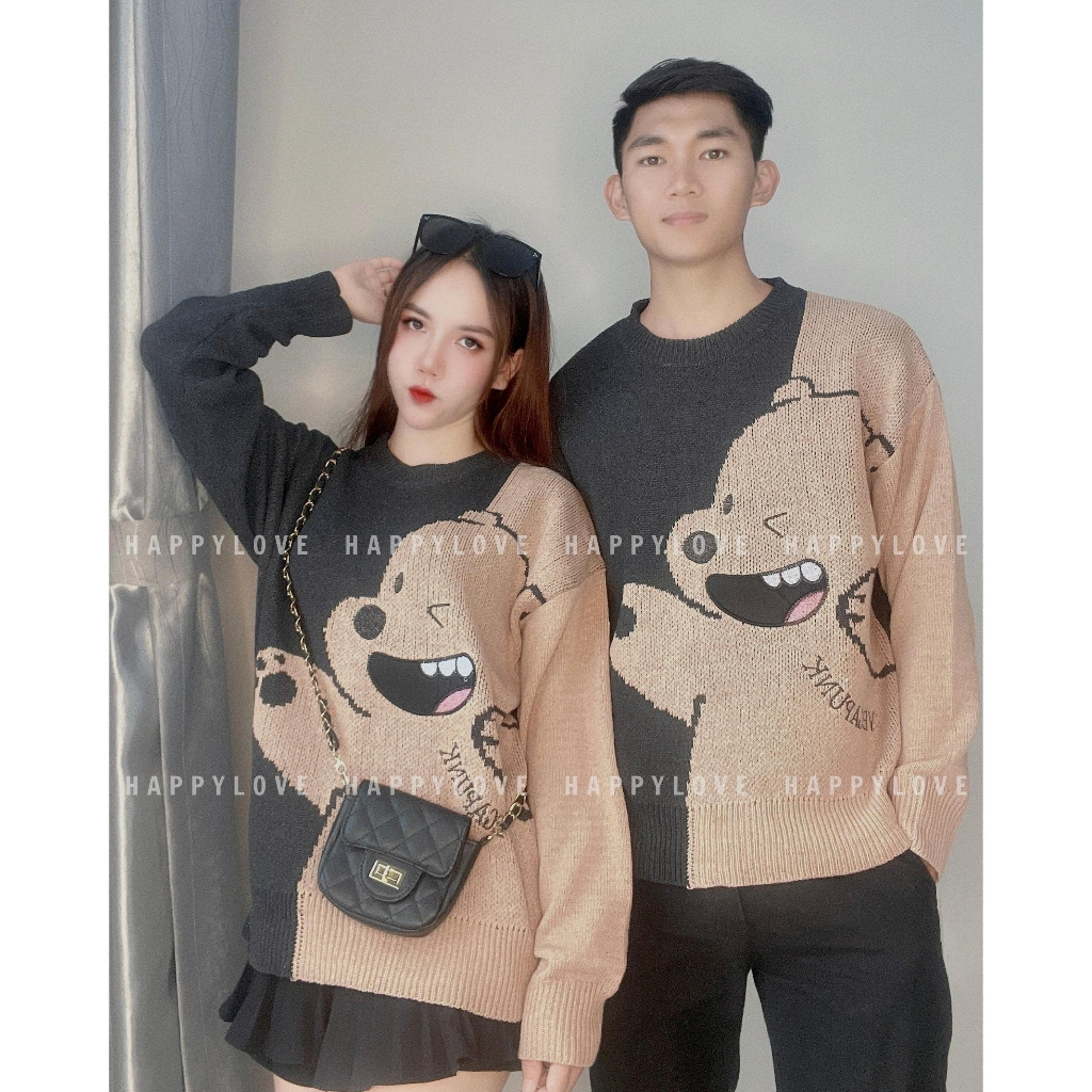 Áo len đôi nam nữ hàn quốc đi Đà Lạt couple HAPPYLOVE hình chú gấu dễ thương M045
