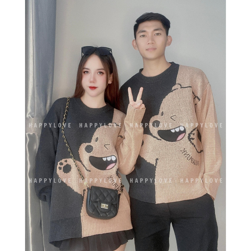 Áo len đôi nam nữ hàn quốc đi Đà Lạt couple HAPPYLOVE hình chú gấu dễ thương M045