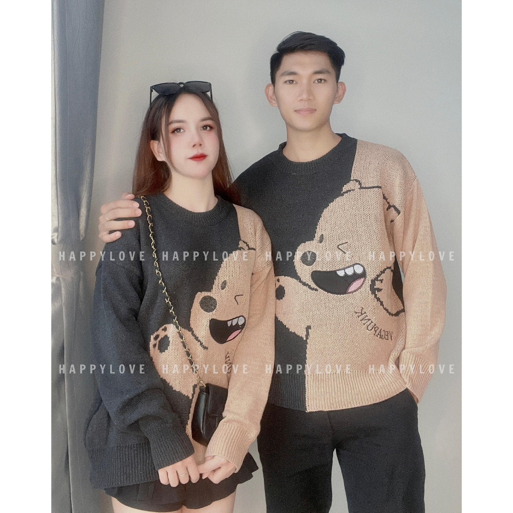 Áo len đôi nam nữ hàn quốc đi Đà Lạt couple HAPPYLOVE hình chú gấu dễ thương M045