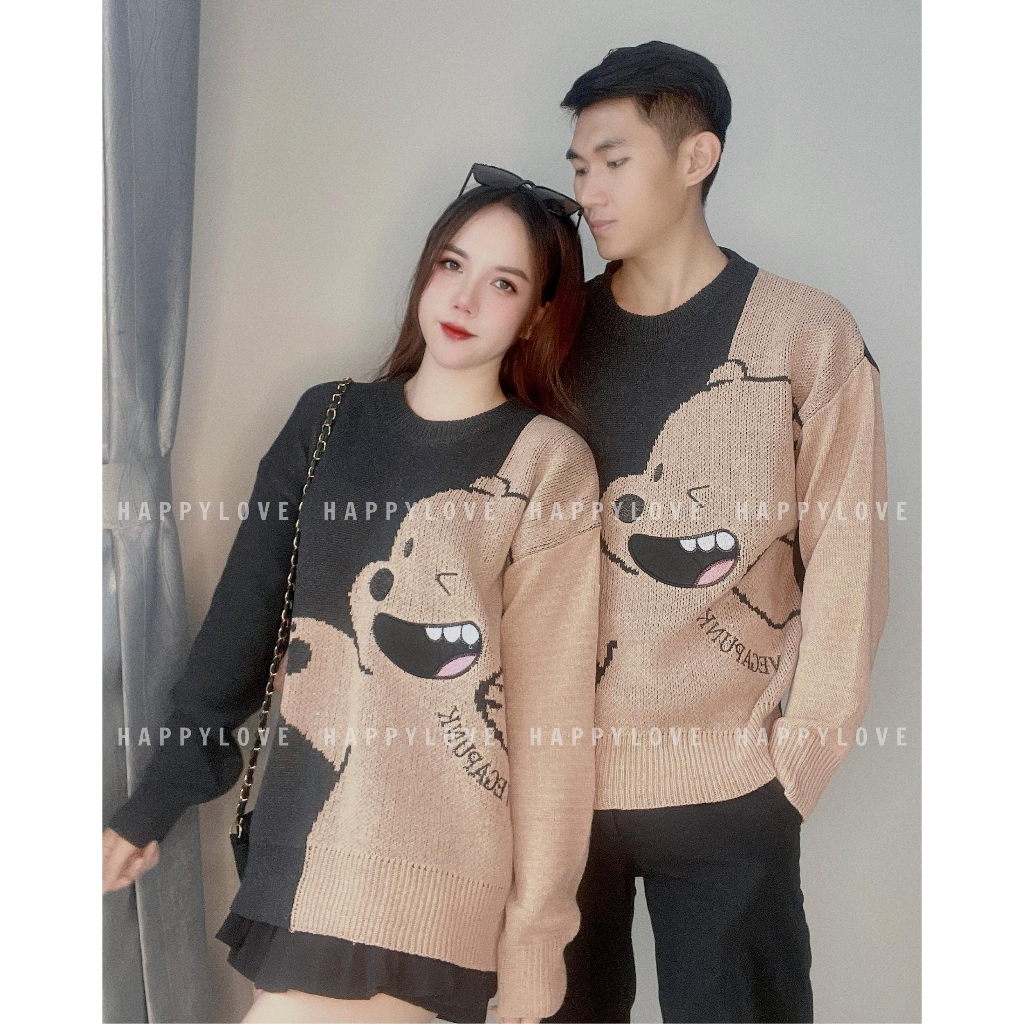 Áo len đôi nam nữ hàn quốc đi Đà Lạt couple HAPPYLOVE hình chú gấu dễ thương M045