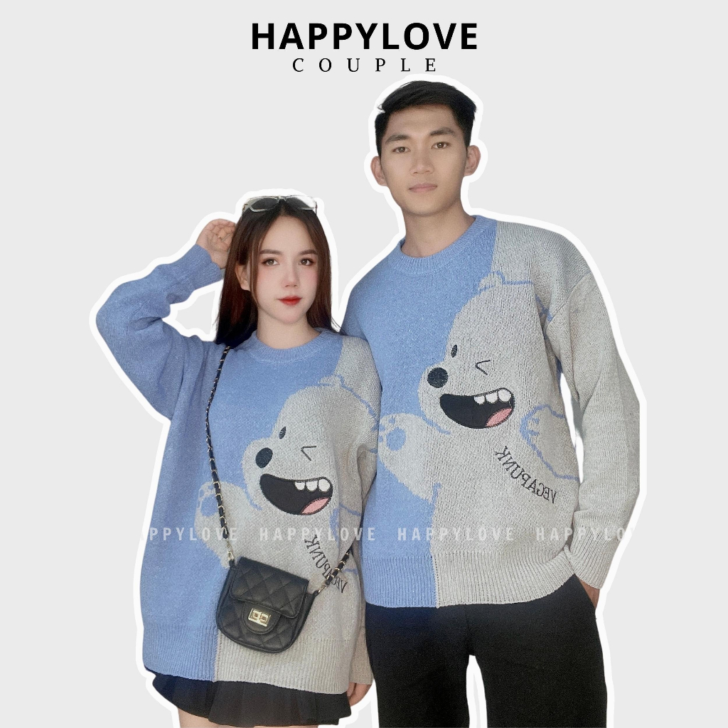Áo len cặp nam nữ đồ đôi couple mùa đông HAPPYLOVE hình gấu chất len dày đẹp M045