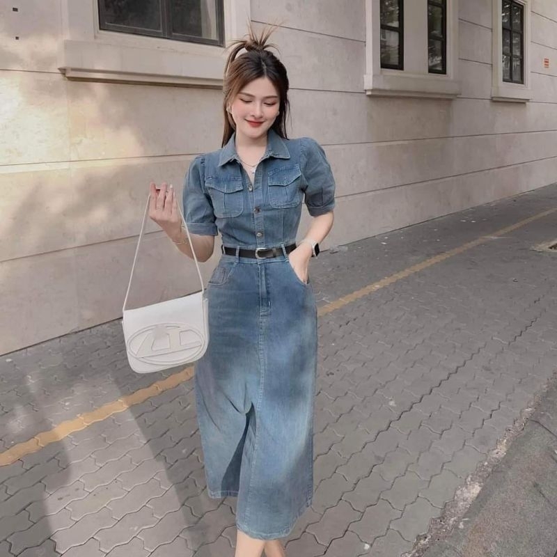 Váy bò dài cổ bẻ - bò giặt mềm - Hàng đẹp