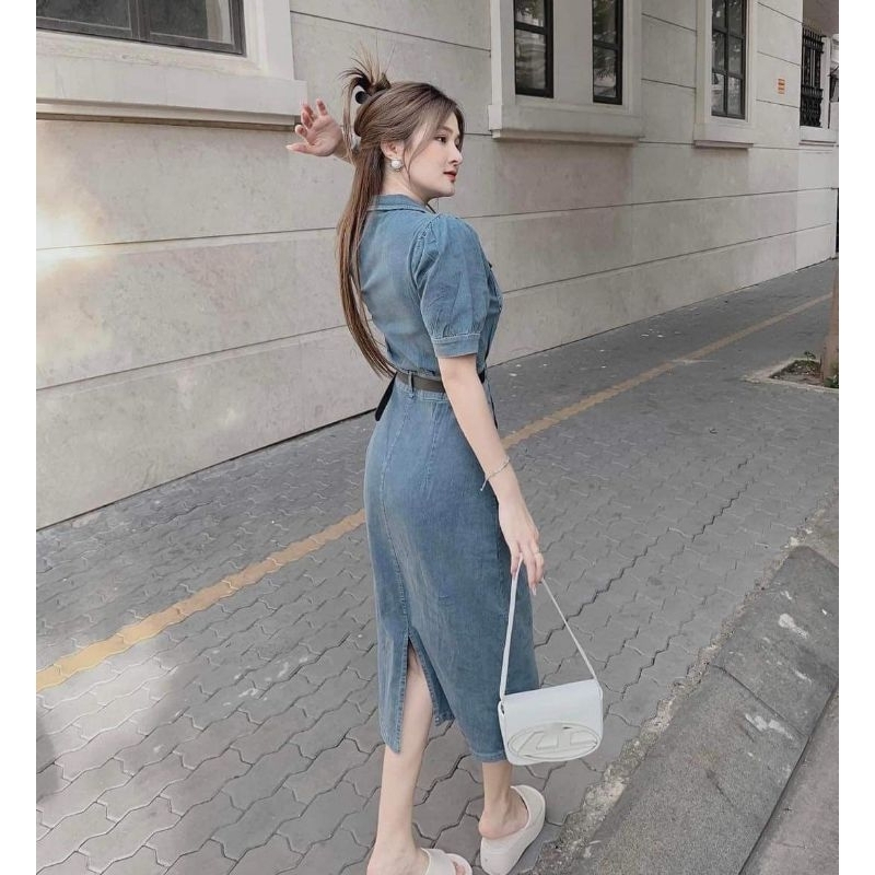 Váy bò dài cổ bẻ - bò giặt mềm - Hàng đẹp