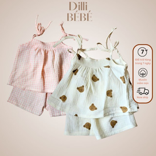 Đồ bộ áo 2 dây quần cho bé gái trẻ em sơ sinh 0 12 tháng vải Muslin Hàn Quốc - Dilli Bebe