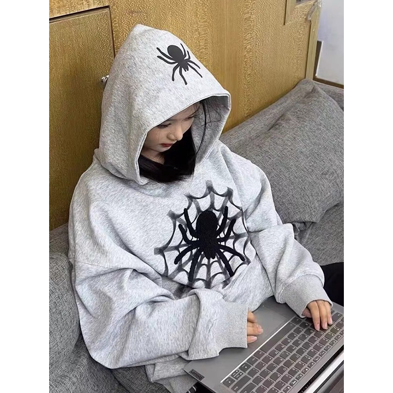 Áo Nỉ Hoodie Nhện Màu Xám Có Mũ, Áo Sweater Nỉ Bông Dày Đặn Cho Nam Nữ