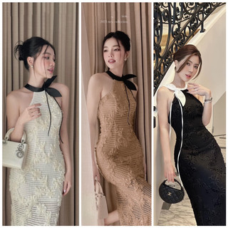 Đầm midi cổ yếm tay phồng
