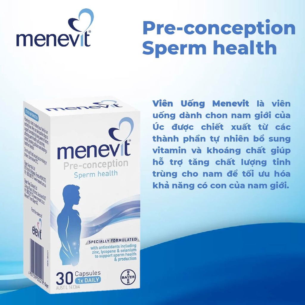 Combo 2 hộp Viên uống tăng chất lượng tinh trùng Bayer Menevit Cho Nam Giới 30 viên của Úc