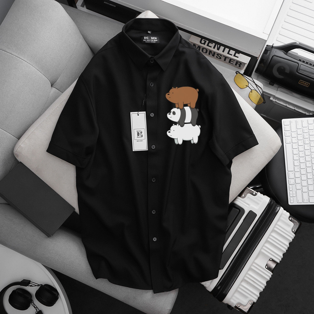 Áo sơ mi tay dài, tay ngắn in hình 3 gấu thời trang bigsize nam cỡ đại 140kg