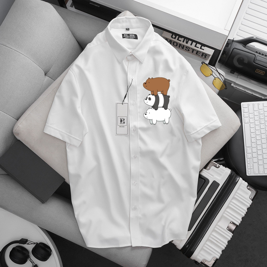 Áo sơ mi tay dài, tay ngắn in hình 3 gấu thời trang bigsize nam cỡ đại 140kg