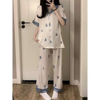 Bộ đồ ngủ mặc nhà cộc tay quần dài lụa xước cá heo hot hè thu 2023