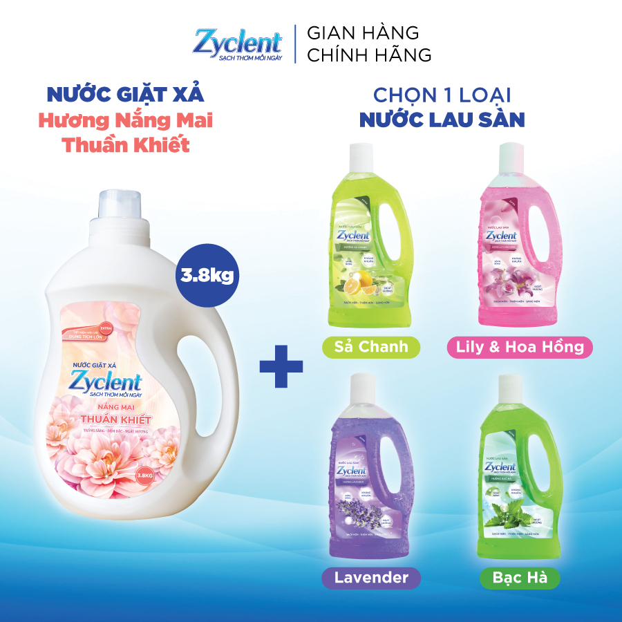 [COMBO TIẾT KIỆM] Nước giặt xả Zyclent Extra 3,8KG + Nước lau sàn Zyclent 1KG