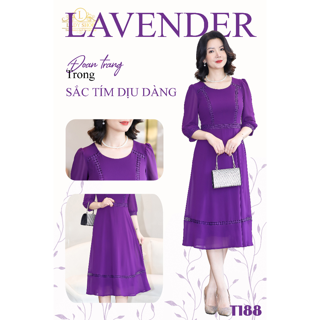 Đầm voan phối ren tay lỡ Ladyshop thời trang trung niên cao cấp T188