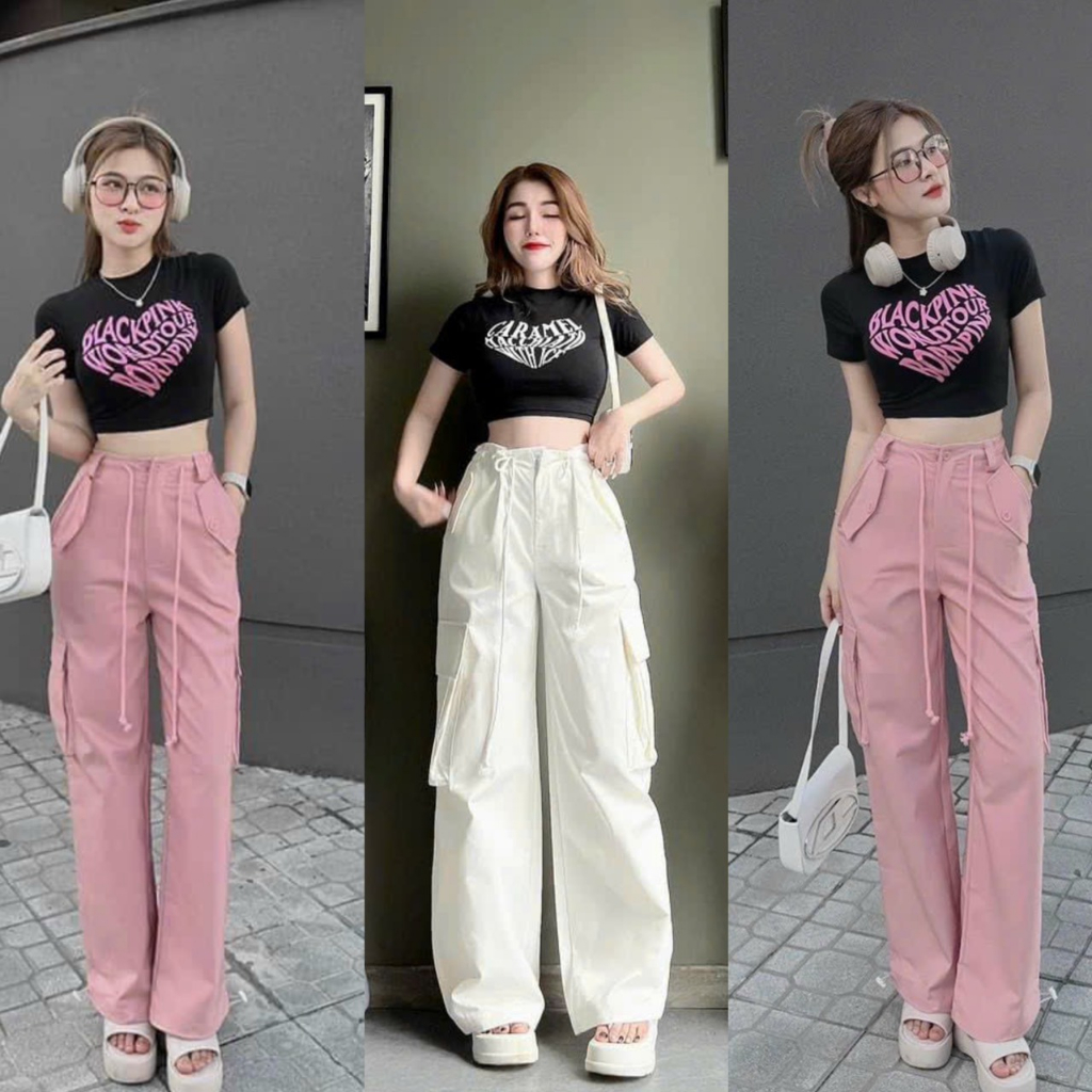 Set bộ nữ đi chơi,set áo croptop in chữ quần ống rộng rút dây eo phối túi hộp 2 màu năng động xinh xắn SHOPNGOO