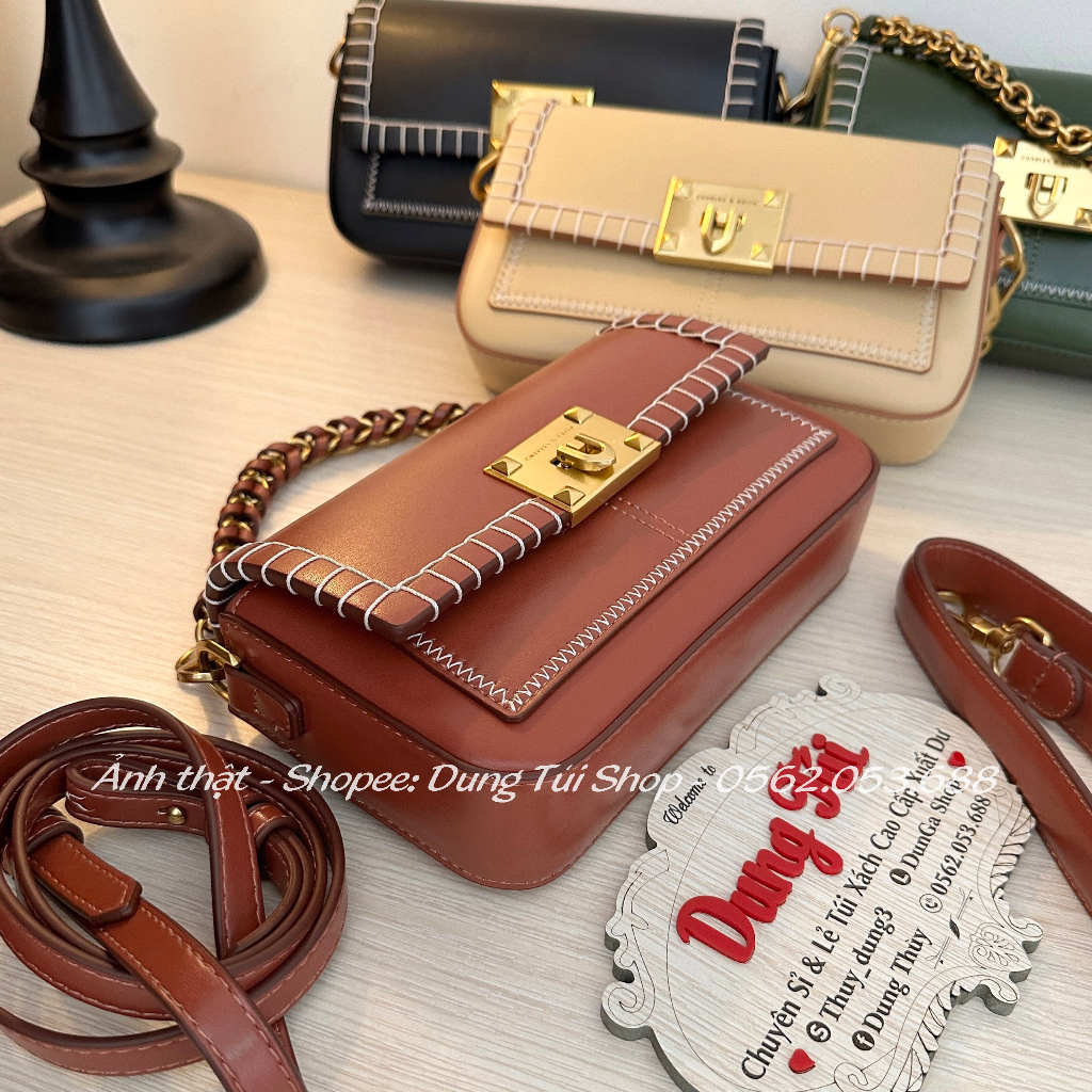 Túi quai cầm + đeo chéo size 21 viền chỉ tương phản chất da trơn mịn CK2-50271184 full màu