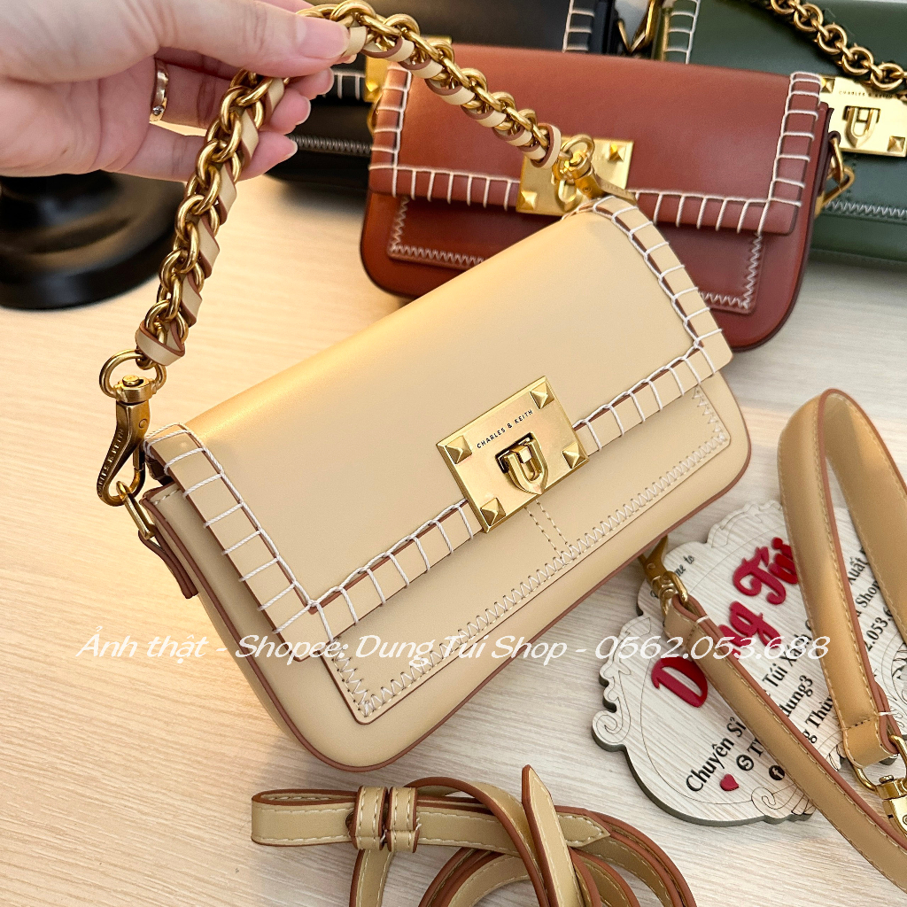 Túi quai cầm + đeo chéo size 21 viền chỉ tương phản chất da trơn mịn CK2-50271184 full màu