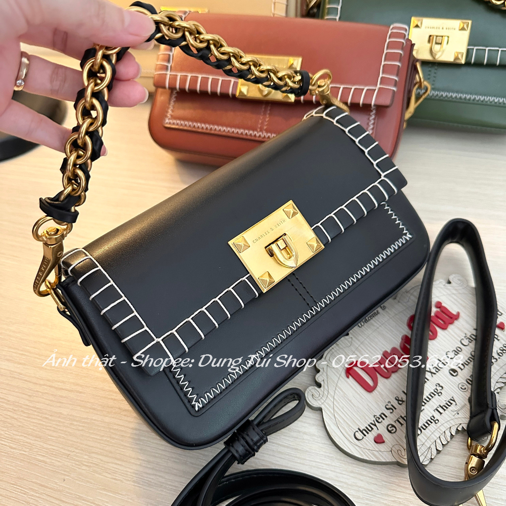 Túi quai cầm + đeo chéo size 21 viền chỉ tương phản chất da trơn mịn CK2-50271184 full màu