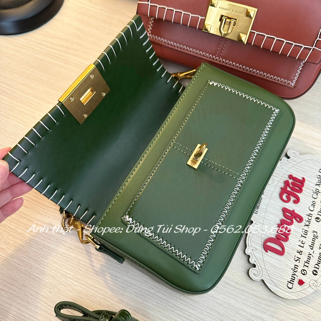 Túi quai cầm + đeo chéo size 21 viền chỉ tương phản chất da trơn mịn CK2-50271184 full màu