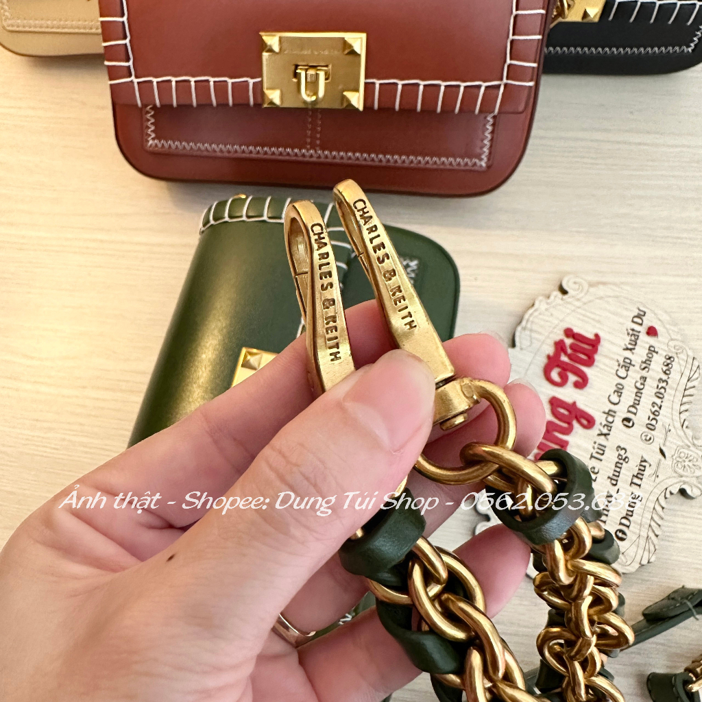 Túi quai cầm + đeo chéo size 21 viền chỉ tương phản chất da trơn mịn CK2-50271184 full màu