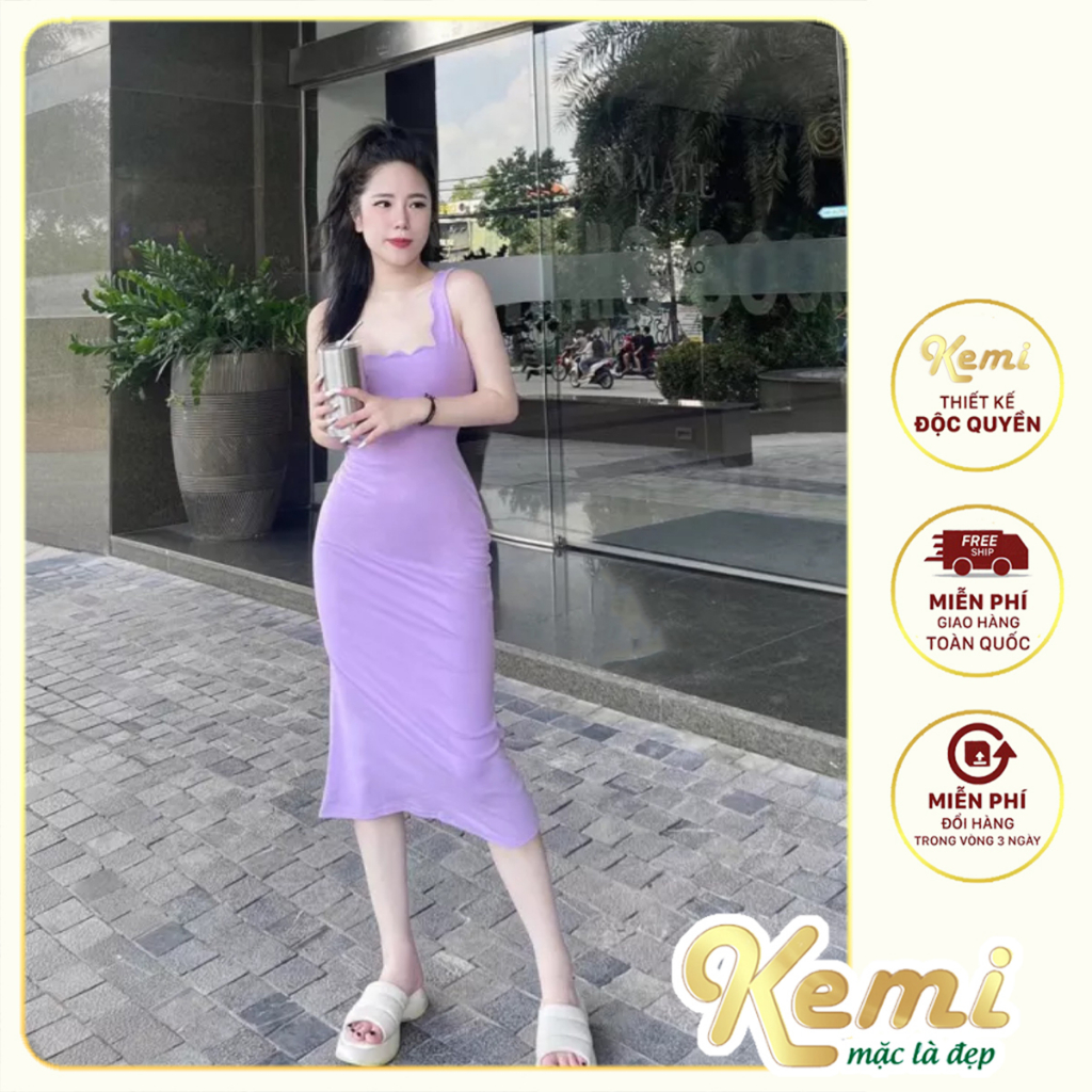 Đầm nữ màu tím cổ vuông lượn sóng váy body maxi mẫu trơn trang trọng nhã nhặn Kemi