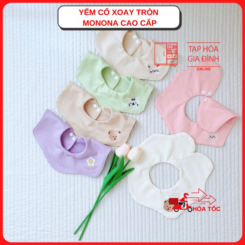 Yếm xoay cổ tròn monona 2 lớp thêu hình xinh xắn chất liệu organic cao cấp cho bé