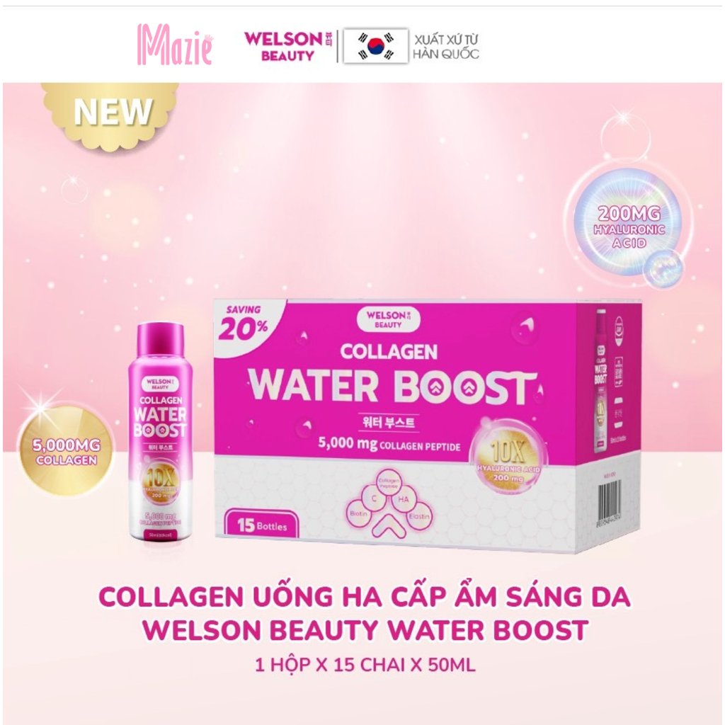 Collagen uống HA cấp ẩm sáng da Welson Beauty Water Boost hộp 15 chai x 50ml